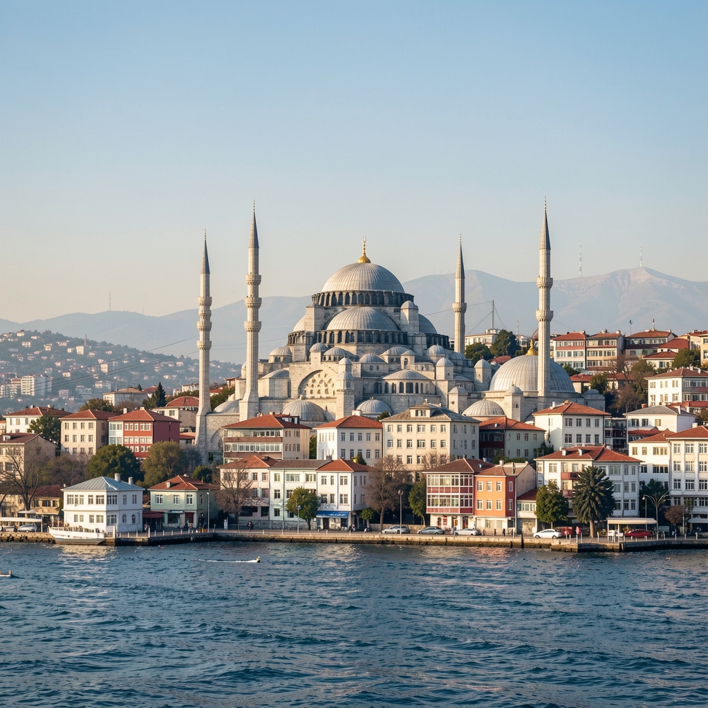 Fatih İstanbul'da büyük pencereli modern finansal araştırma ofisi, çift ekranlı iş istasyonları ve şehir manzarası arka planda