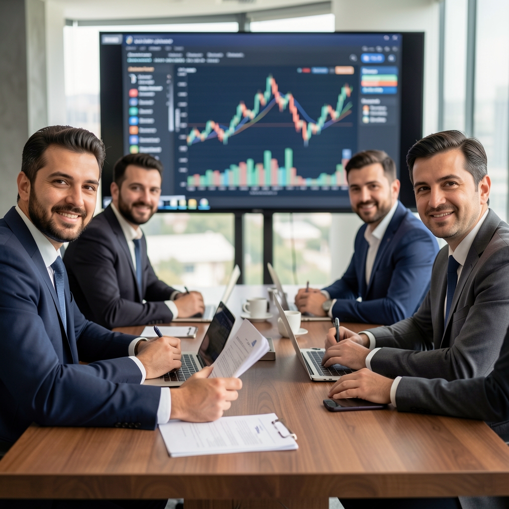 Modern İstanbul ofisinde toplantı masasında finansal raporları inceleyen beş kişilik analist ekibi, büyük ekran arka planda grafikler gösteriyor