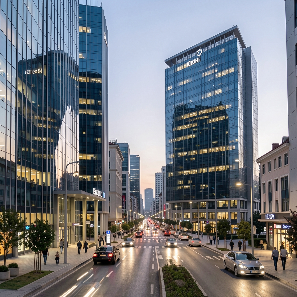 İstanbul finans merkezi caddesi boyunca sıralanan büyük Türk bankalarının genel müdürlük binaları, yüksek cam cepheli modern mimari yapılar akşam ışığında