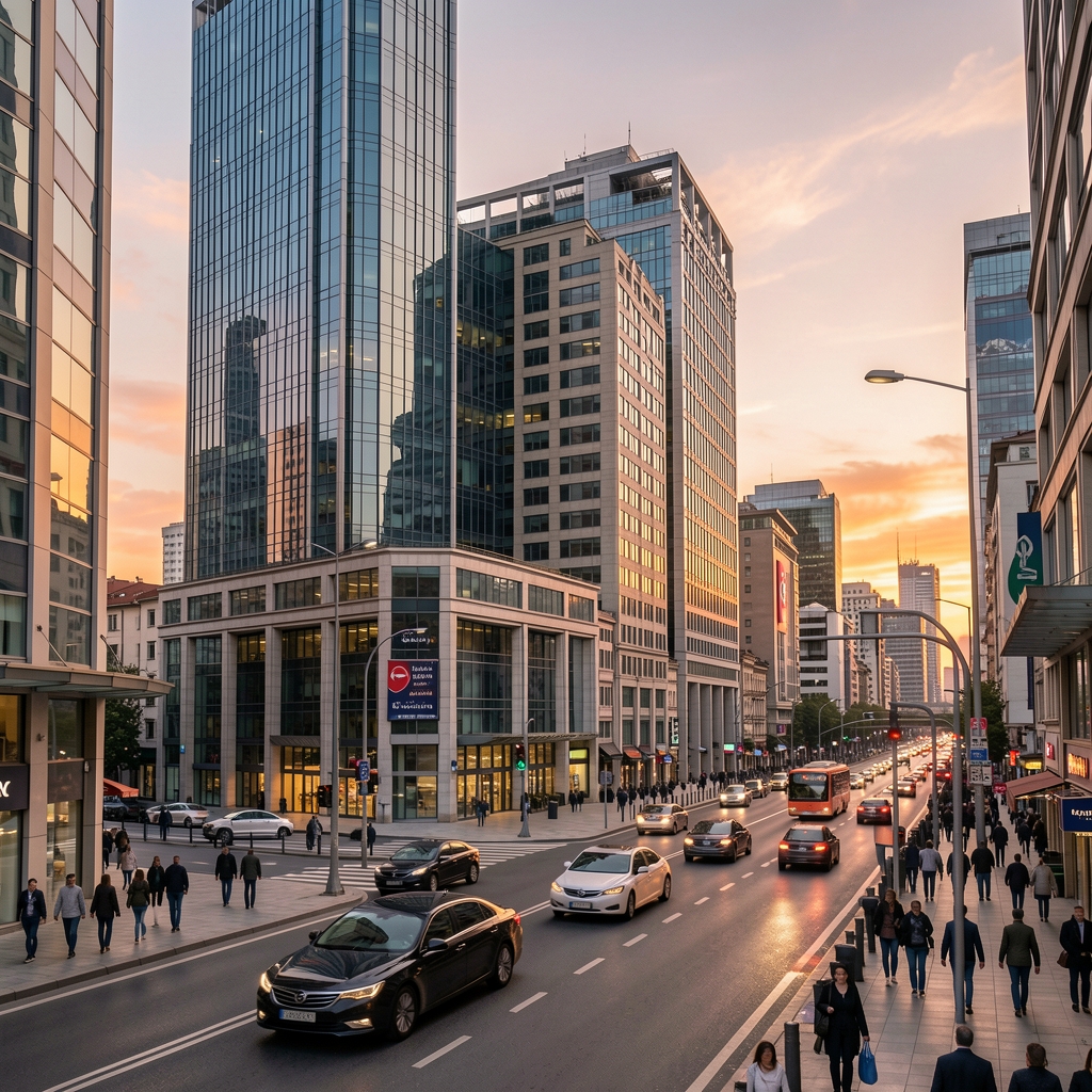 Türkiye banka binalarının dış cepheleri ve önündeki hareketli finans merkezi caddesi, gün batımında çekilmiş