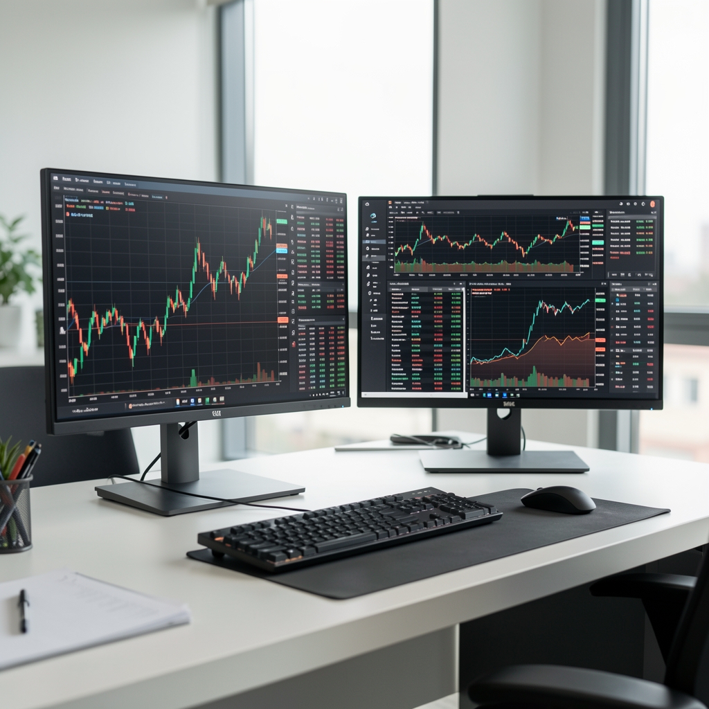 Finansal verilerin görüntülendiği modern çift monitörlü analiz istasyonu, borsa grafikleri ve portföy performans tabloları ekranda görünüyor